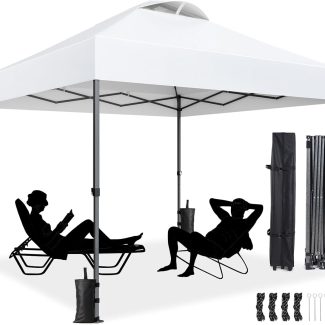 Amada 10x10ft 1-Person Setup Pop Up Canopy Tent - Easy Outdoor Sun Shade for Events, Parties, Camping, Gazebo with Wheel Cover Bag, Beach Tent with 3-Speed Adjustable Height,White